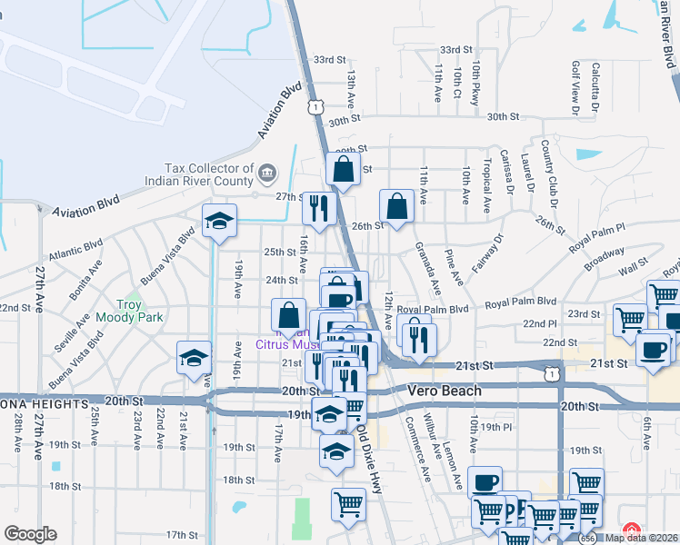 map of restaurants, bars, coffee shops, grocery stores, and more near 2405 14th Avenue in Vero Beach