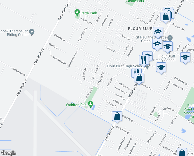 map of restaurants, bars, coffee shops, grocery stores, and more near 2902 Saint Joseph Street in Corpus Christi