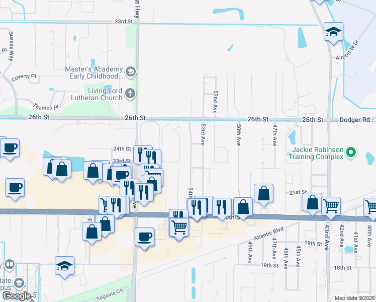 map of restaurants, bars, coffee shops, grocery stores, and more near 2245 54th Avenue in Vero Beach