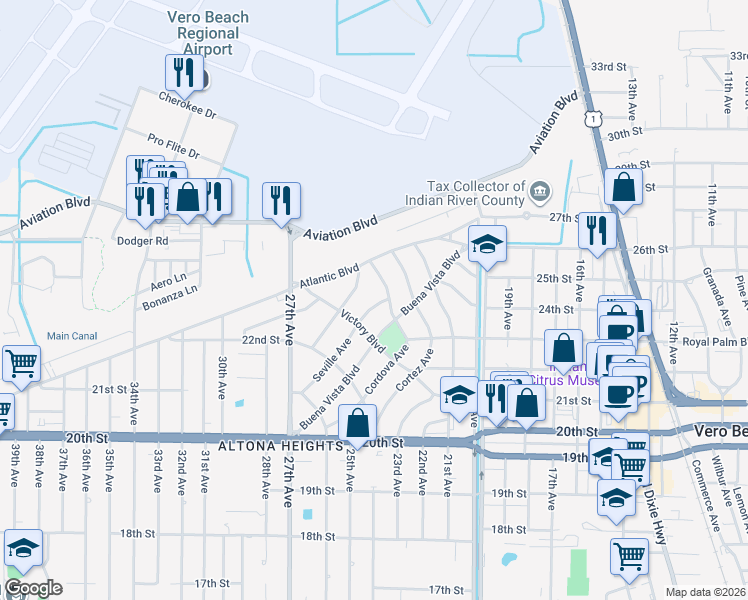map of restaurants, bars, coffee shops, grocery stores, and more near 2347 Seville Avenue in Vero Beach
