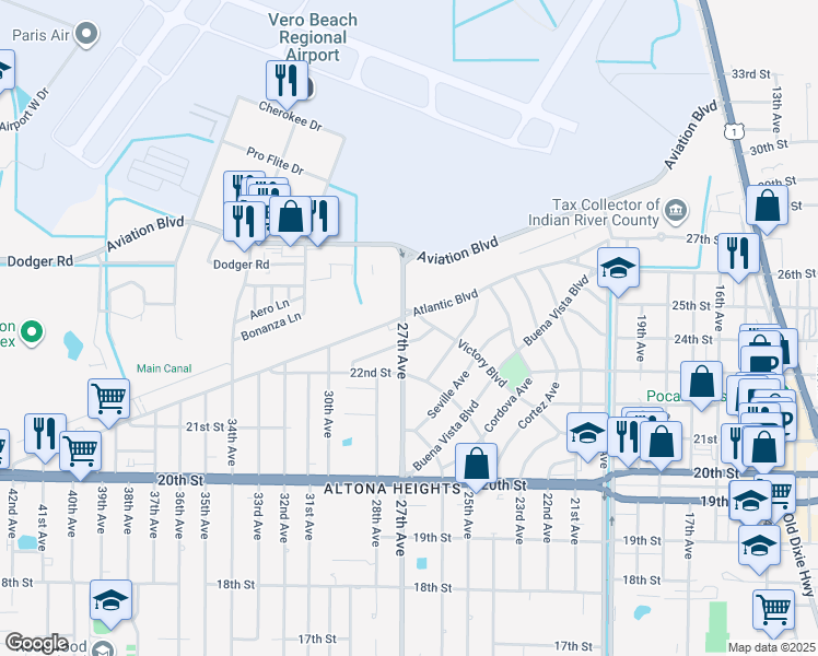 map of restaurants, bars, coffee shops, grocery stores, and more near 2356 27th Avenue in Vero Beach