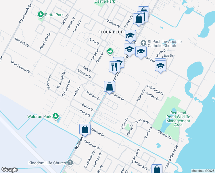 map of restaurants, bars, coffee shops, grocery stores, and more near 2650 Waldron Road in Corpus Christi