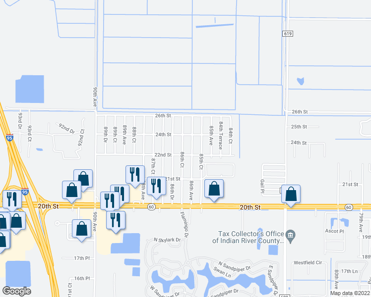 map of restaurants, bars, coffee shops, grocery stores, and more near 2225 86th Court in Vero Beach