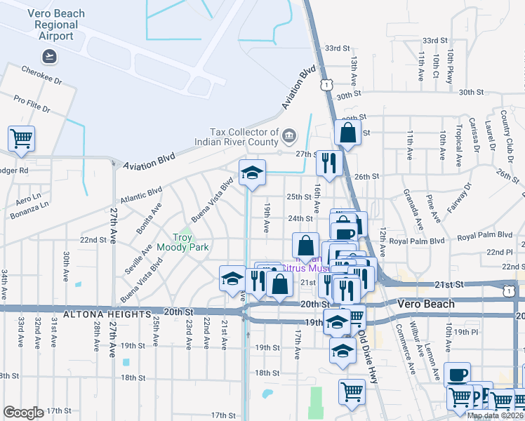 map of restaurants, bars, coffee shops, grocery stores, and more near 2405 19th Avenue in Vero Beach