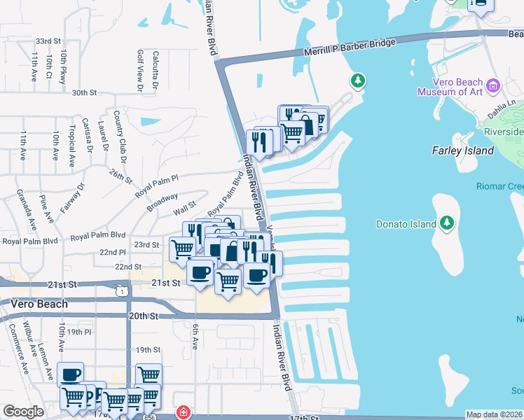 map of restaurants, bars, coffee shops, grocery stores, and more near 2334 Indian River Boulevard in Vero Beach