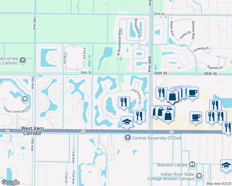 map of restaurants, bars, coffee shops, grocery stores, and more near 18 Plantation Drive in Vero Beach
