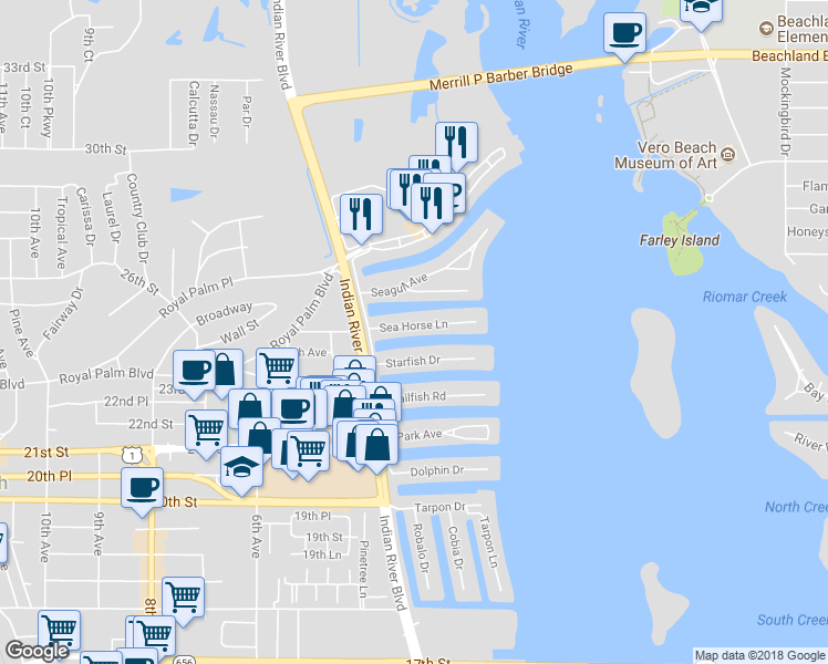 map of restaurants, bars, coffee shops, grocery stores, and more near 19 Seahorse Lane in Vero Beach