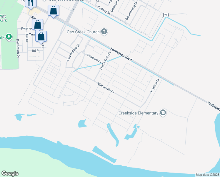 map of restaurants, bars, coffee shops, grocery stores, and more near 7713 Stampede Drive in Corpus Christi