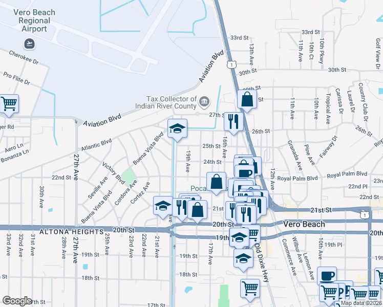 map of restaurants, bars, coffee shops, grocery stores, and more near 2405 19th Avenue in Vero Beach