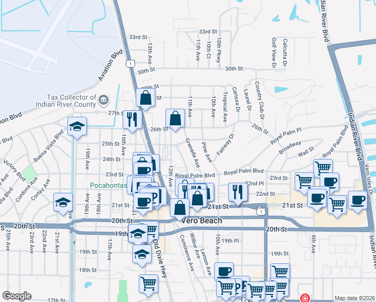 map of restaurants, bars, coffee shops, grocery stores, and more near 2421 Granada Avenue in Vero Beach