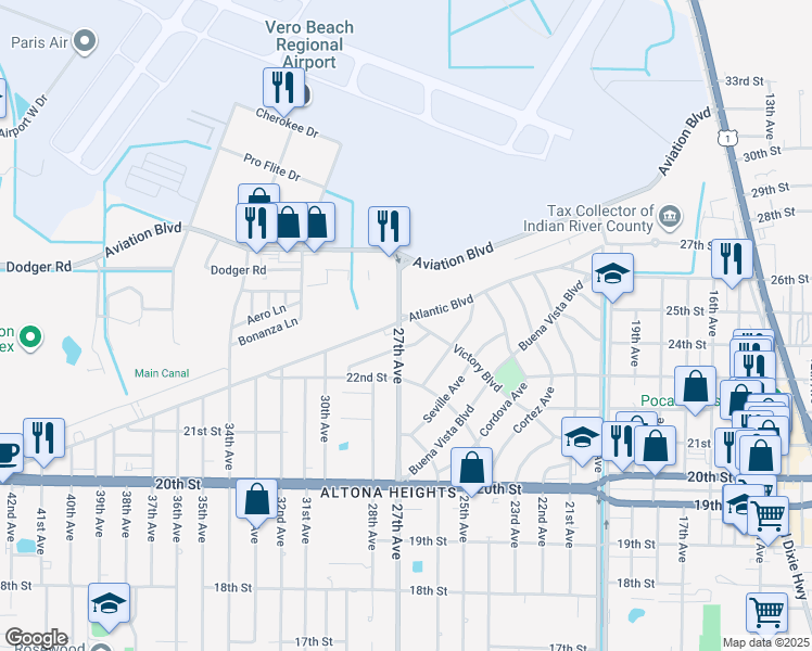 map of restaurants, bars, coffee shops, grocery stores, and more near 2356 27th Avenue in Vero Beach