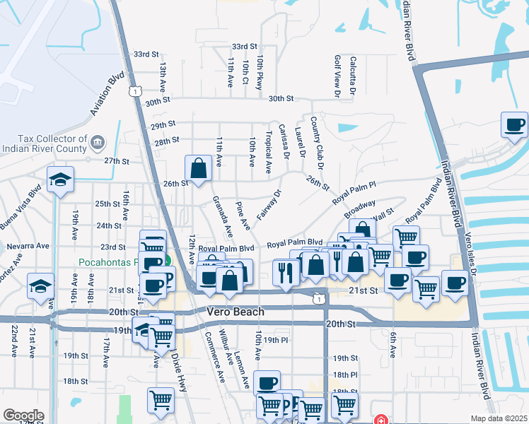 map of restaurants, bars, coffee shops, grocery stores, and more near 2416 Fairway Drive in Vero Beach
