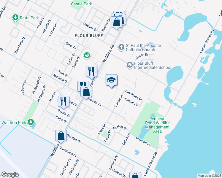 map of restaurants, bars, coffee shops, grocery stores, and more near 2505 Waldron Road in Corpus Christi