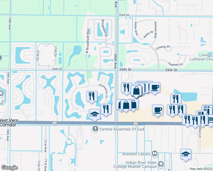 map of restaurants, bars, coffee shops, grocery stores, and more near 34 Plantation Drive in Vero Beach