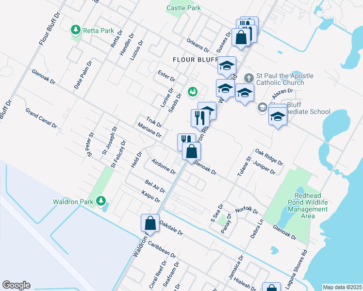 map of restaurants, bars, coffee shops, grocery stores, and more near 2650 Waldron Road in Corpus Christi