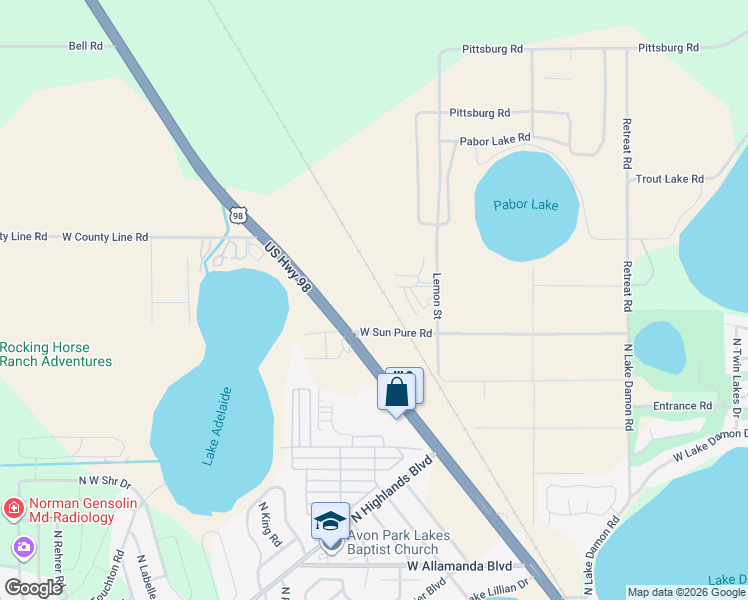 map of restaurants, bars, coffee shops, grocery stores, and more near 1600 West Sun Pure Road in Avon Park