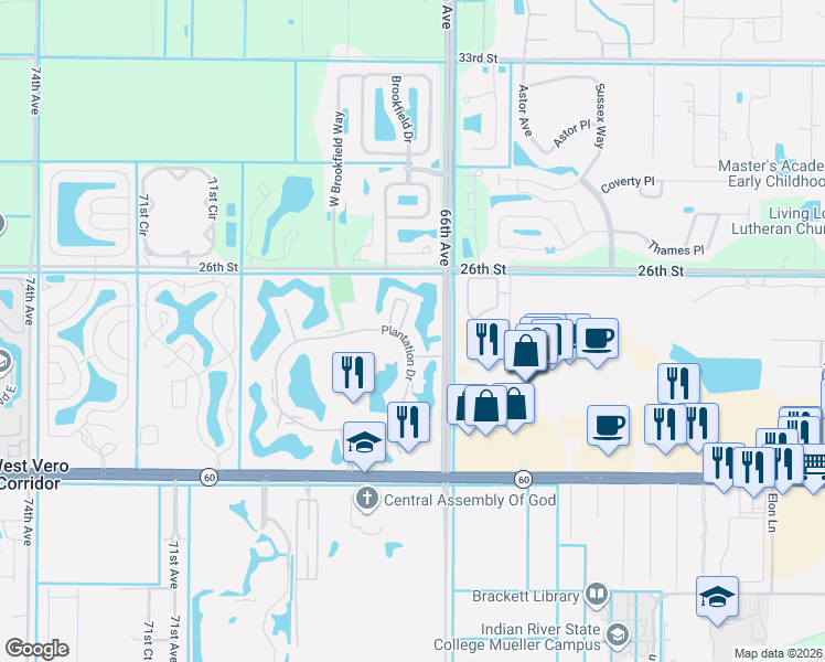 map of restaurants, bars, coffee shops, grocery stores, and more near 34 Plantation Drive in Vero Beach