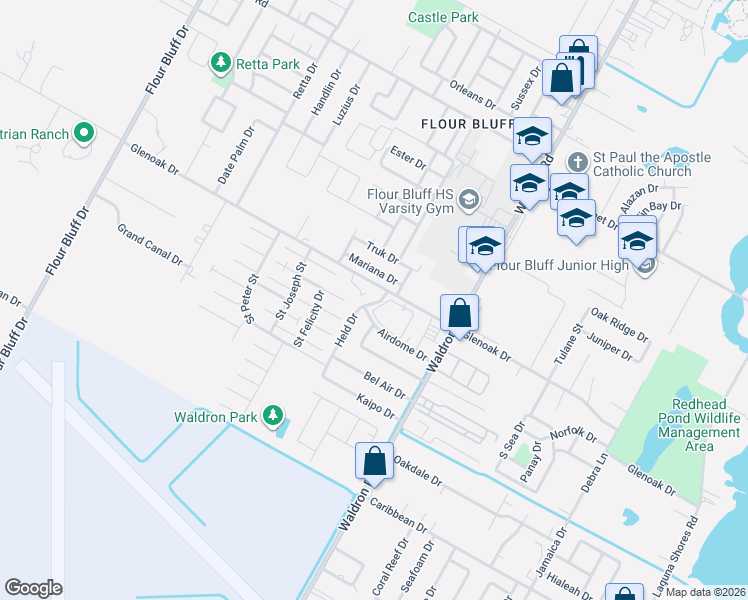 map of restaurants, bars, coffee shops, grocery stores, and more near 2802 Held Drive in Corpus Christi