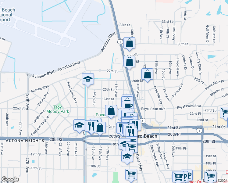 map of restaurants, bars, coffee shops, grocery stores, and more near 2457 16th Avenue in Vero Beach