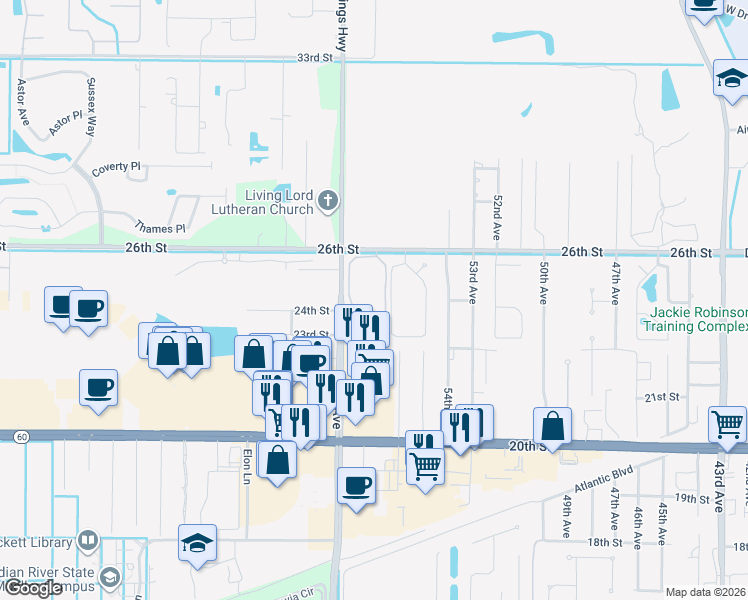 map of restaurants, bars, coffee shops, grocery stores, and more near 2476 57th Circle in Vero Beach