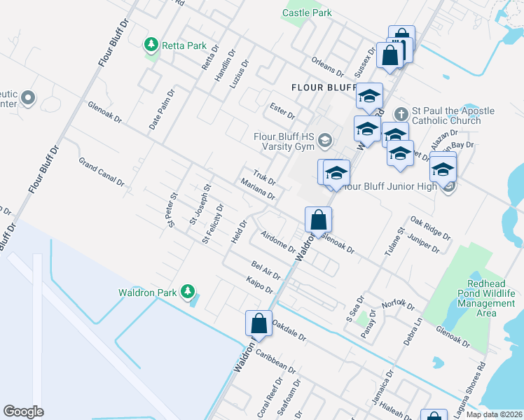 map of restaurants, bars, coffee shops, grocery stores, and more near 2802 Held Drive in Corpus Christi