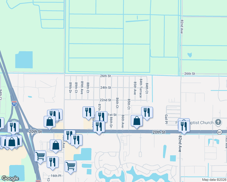 map of restaurants, bars, coffee shops, grocery stores, and more near 2425 86th Court in Vero Beach
