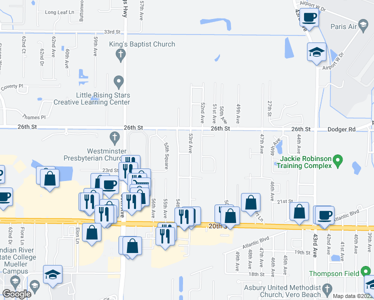 map of restaurants, bars, coffee shops, grocery stores, and more near 2405 53rd Avenue in Vero Beach