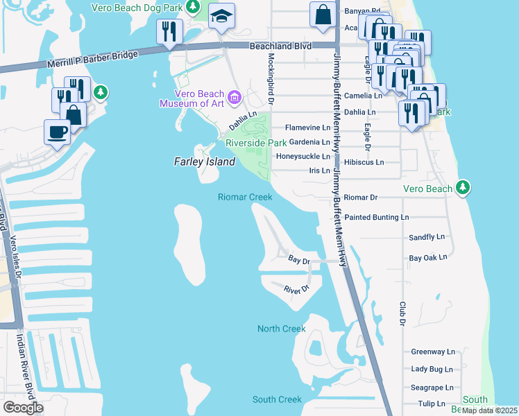 map of restaurants, bars, coffee shops, grocery stores, and more near 500 Bay Drive in Vero Beach