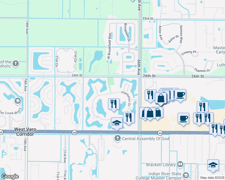map of restaurants, bars, coffee shops, grocery stores, and more near 34 Plantation Drive in Vero Beach