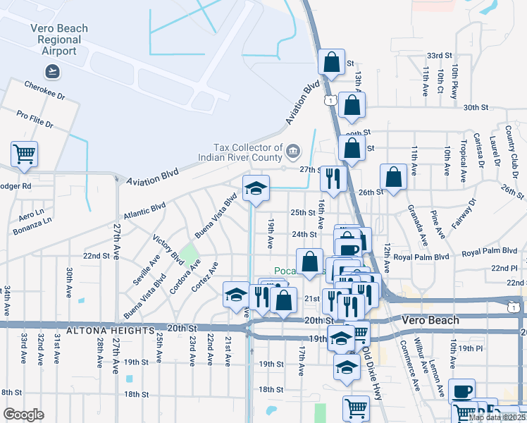 map of restaurants, bars, coffee shops, grocery stores, and more near in Vero Beach