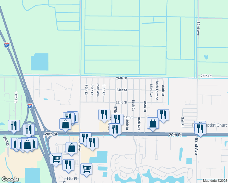 map of restaurants, bars, coffee shops, grocery stores, and more near 2405 88th Avenue in Vero Beach