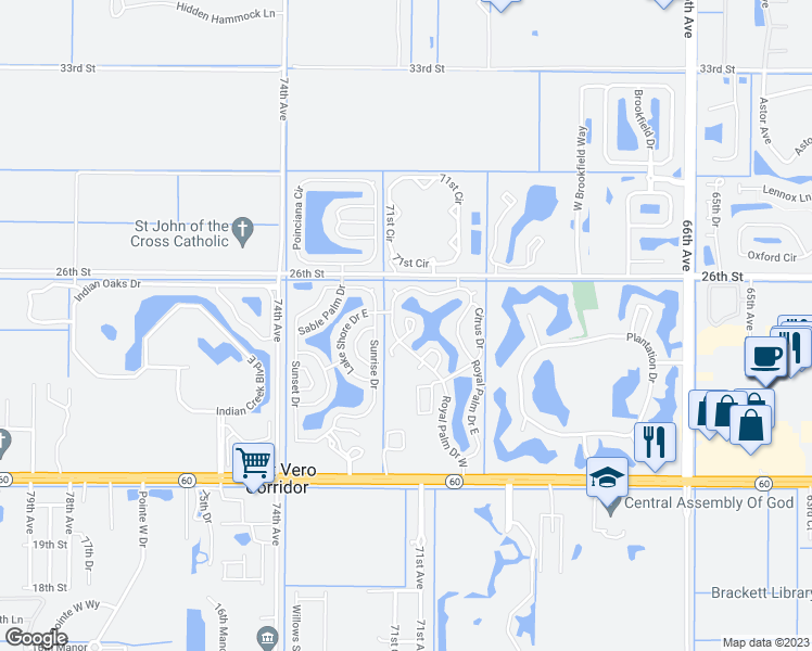 map of restaurants, bars, coffee shops, grocery stores, and more near Vista Circle in Vero Beach