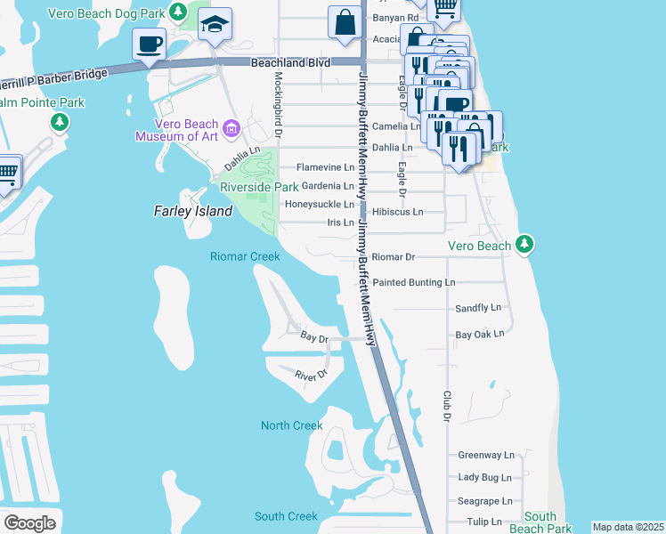 map of restaurants, bars, coffee shops, grocery stores, and more near 550 Riomar Drive in Vero Beach