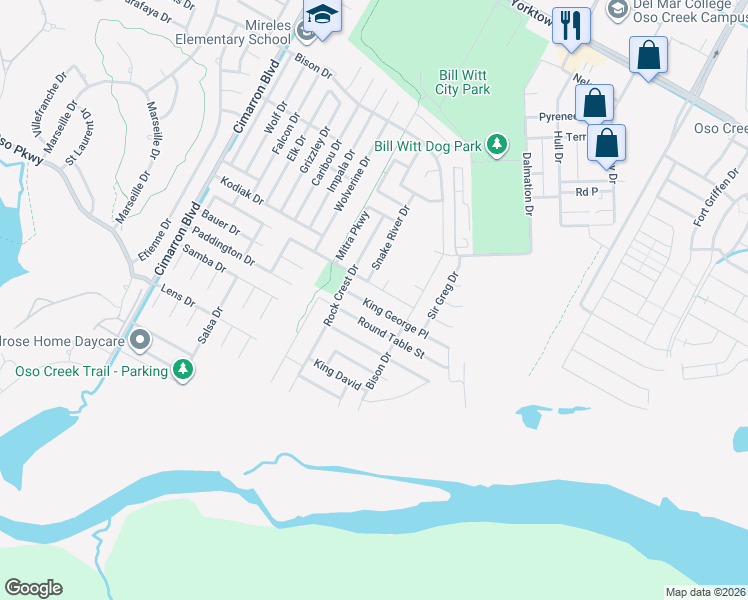 map of restaurants, bars, coffee shops, grocery stores, and more near 6810 King George Place in Corpus Christi