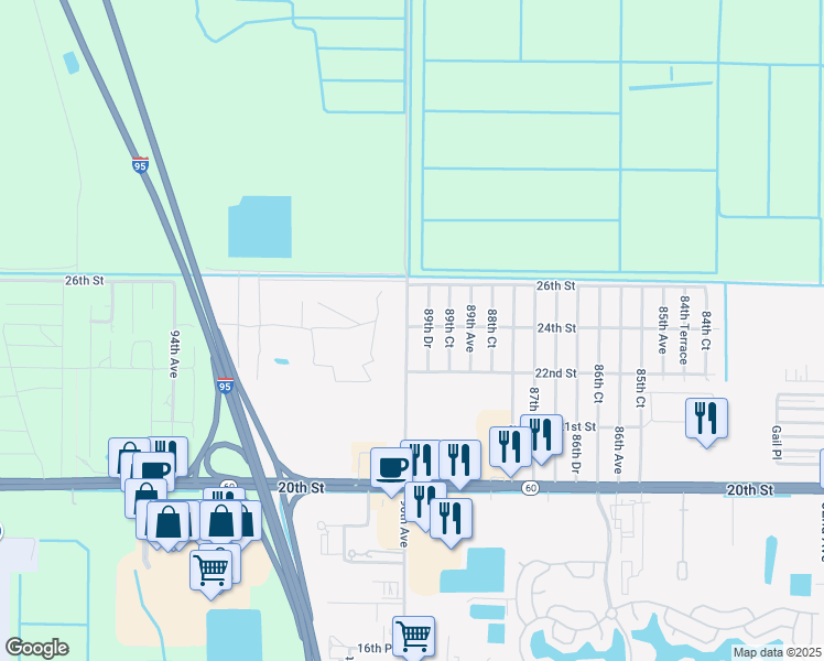 map of restaurants, bars, coffee shops, grocery stores, and more near 8990 24th Street in Vero Beach