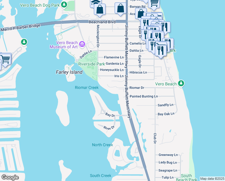 map of restaurants, bars, coffee shops, grocery stores, and more near 550 Riomar Drive in Vero Beach