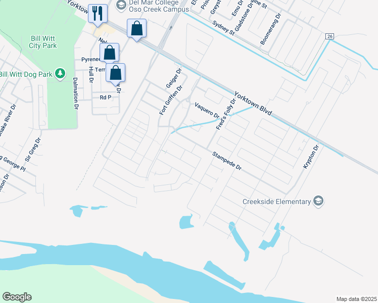 map of restaurants, bars, coffee shops, grocery stores, and more near 7430 Elizondo Drive in Corpus Christi