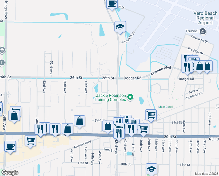 map of restaurants, bars, coffee shops, grocery stores, and more near 2516 44th Avenue in Vero Beach