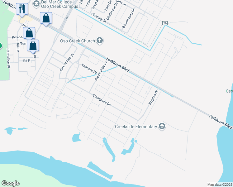 map of restaurants, bars, coffee shops, grocery stores, and more near 7717 Pruet Drive in Corpus Christi