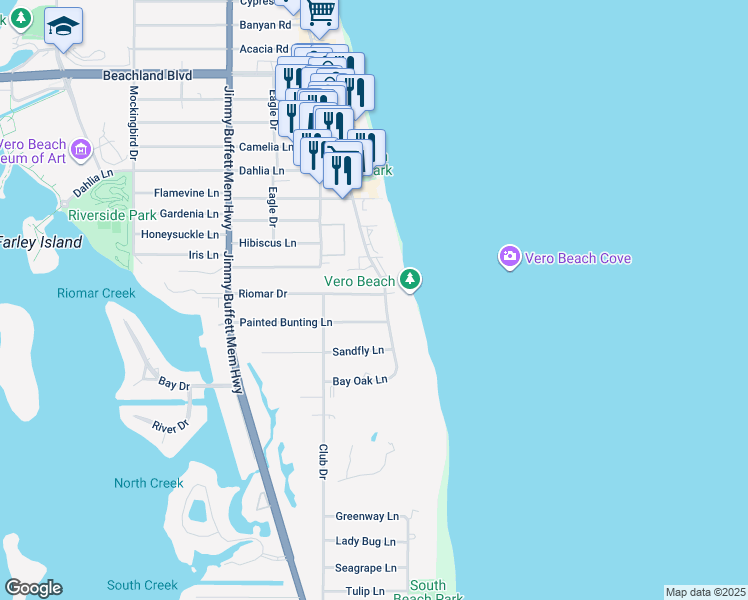 map of restaurants, bars, coffee shops, grocery stores, and more near 955 Riomar Drive in Vero Beach