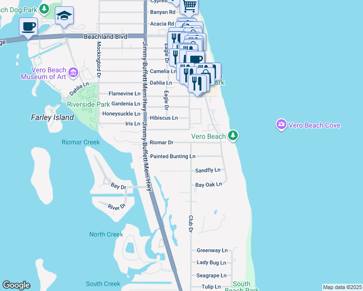 map of restaurants, bars, coffee shops, grocery stores, and more near 835 Riomar Drive in Vero Beach