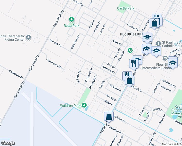 map of restaurants, bars, coffee shops, grocery stores, and more near 749 Saint Lucy Drive in Corpus Christi