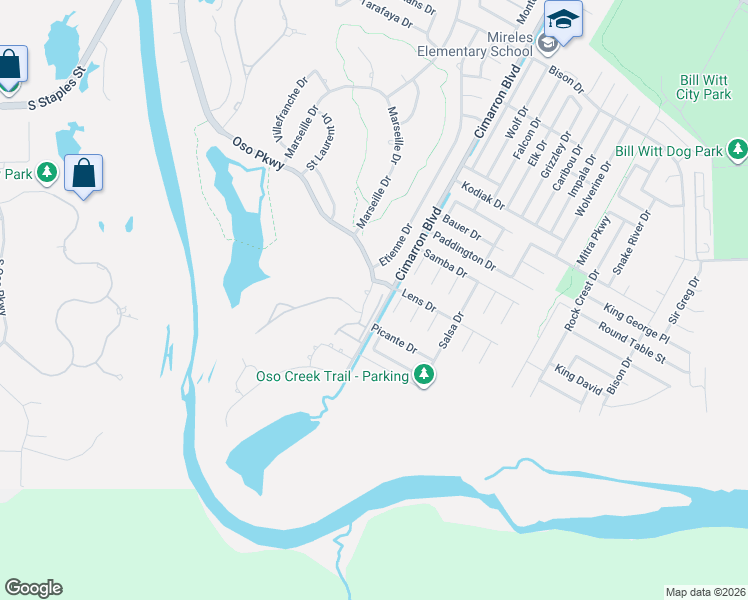 map of restaurants, bars, coffee shops, grocery stores, and more near 8301 Cimarron Boulevard in Corpus Christi