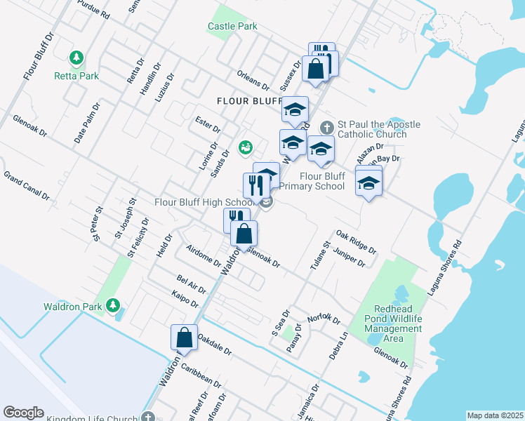 map of restaurants, bars, coffee shops, grocery stores, and more near 2602 Waldron Road in Corpus Christi