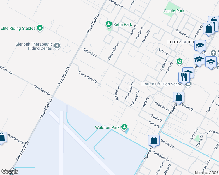 map of restaurants, bars, coffee shops, grocery stores, and more near 917 Saint Christopher Street in Corpus Christi