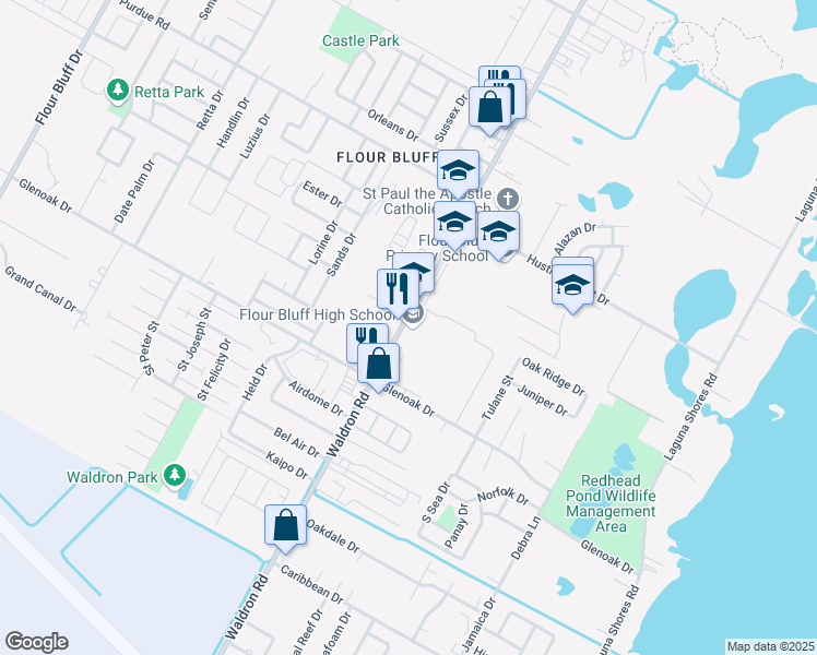 map of restaurants, bars, coffee shops, grocery stores, and more near 2505 Waldron Road in Corpus Christi