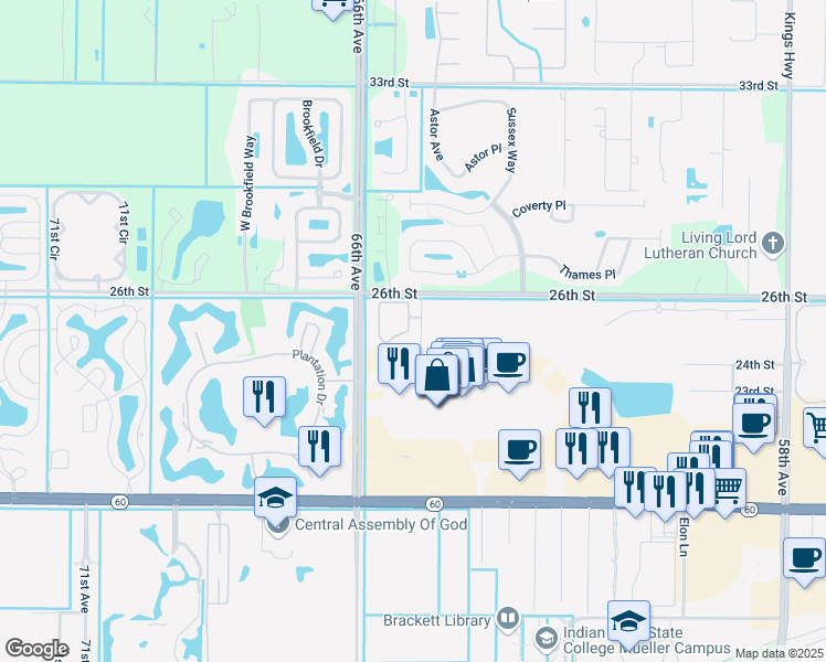 map of restaurants, bars, coffee shops, grocery stores, and more near 2575 65th Avenue in Vero Beach