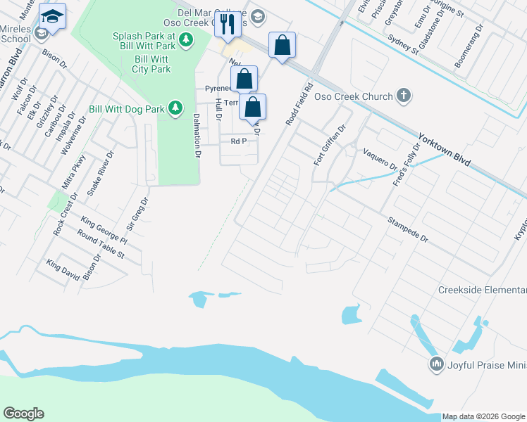 map of restaurants, bars, coffee shops, grocery stores, and more near 7230 Bryson Way in Corpus Christi