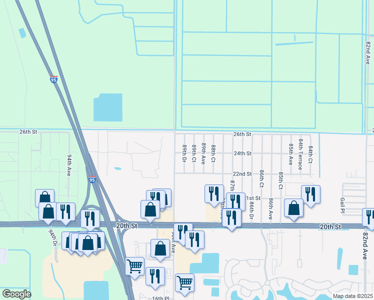 map of restaurants, bars, coffee shops, grocery stores, and more near 2400 89th Drive in Vero Beach