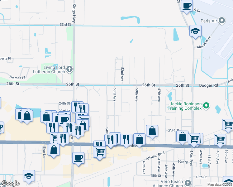 map of restaurants, bars, coffee shops, grocery stores, and more near 2430 53rd Avenue in Vero Beach